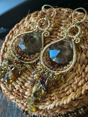 Bohemian Amber Beaded Drop Earrings - Gold Tone